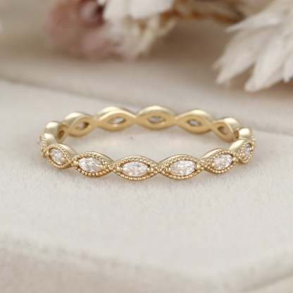 14K Yellow Gold Eternity Matching Stacking Bridal Marquise Moissanite Wedding Band