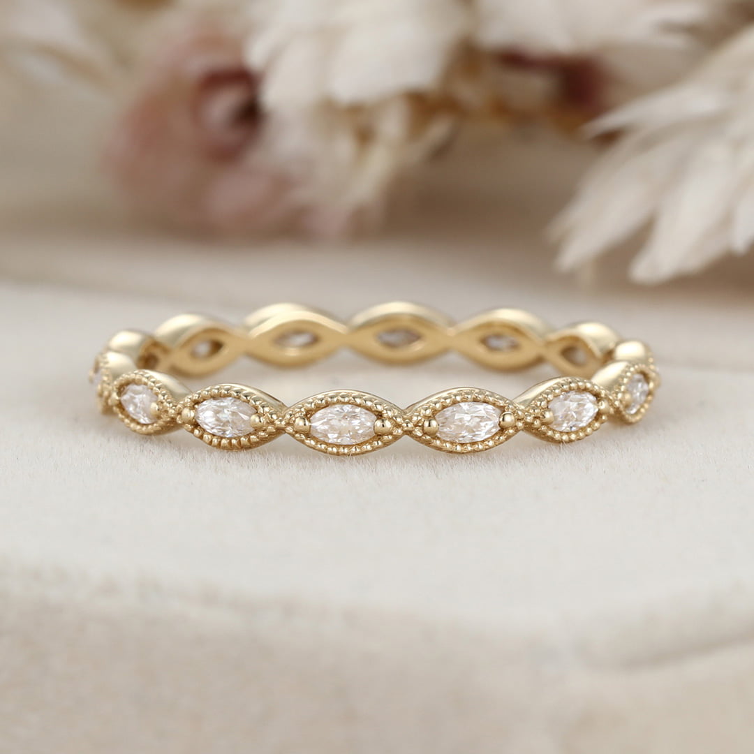 14K Yellow Gold Eternity Matching Stacking Bridal Marquise Moissanite Wedding Band