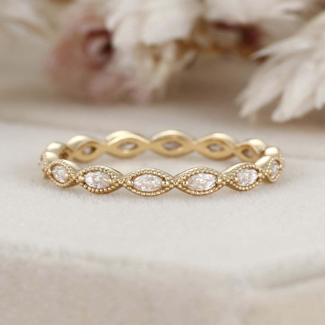 14K Yellow Gold Eternity Matching Stacking Bridal Marquise Moissanite Wedding Band