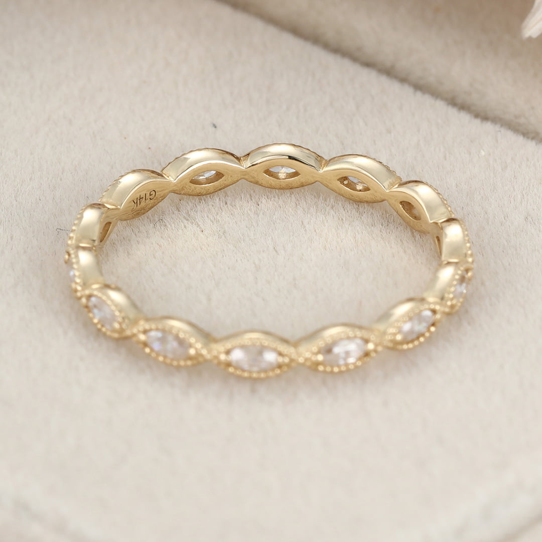 14K Yellow Gold Eternity Matching Stacking Bridal Marquise Moissanite Wedding Band