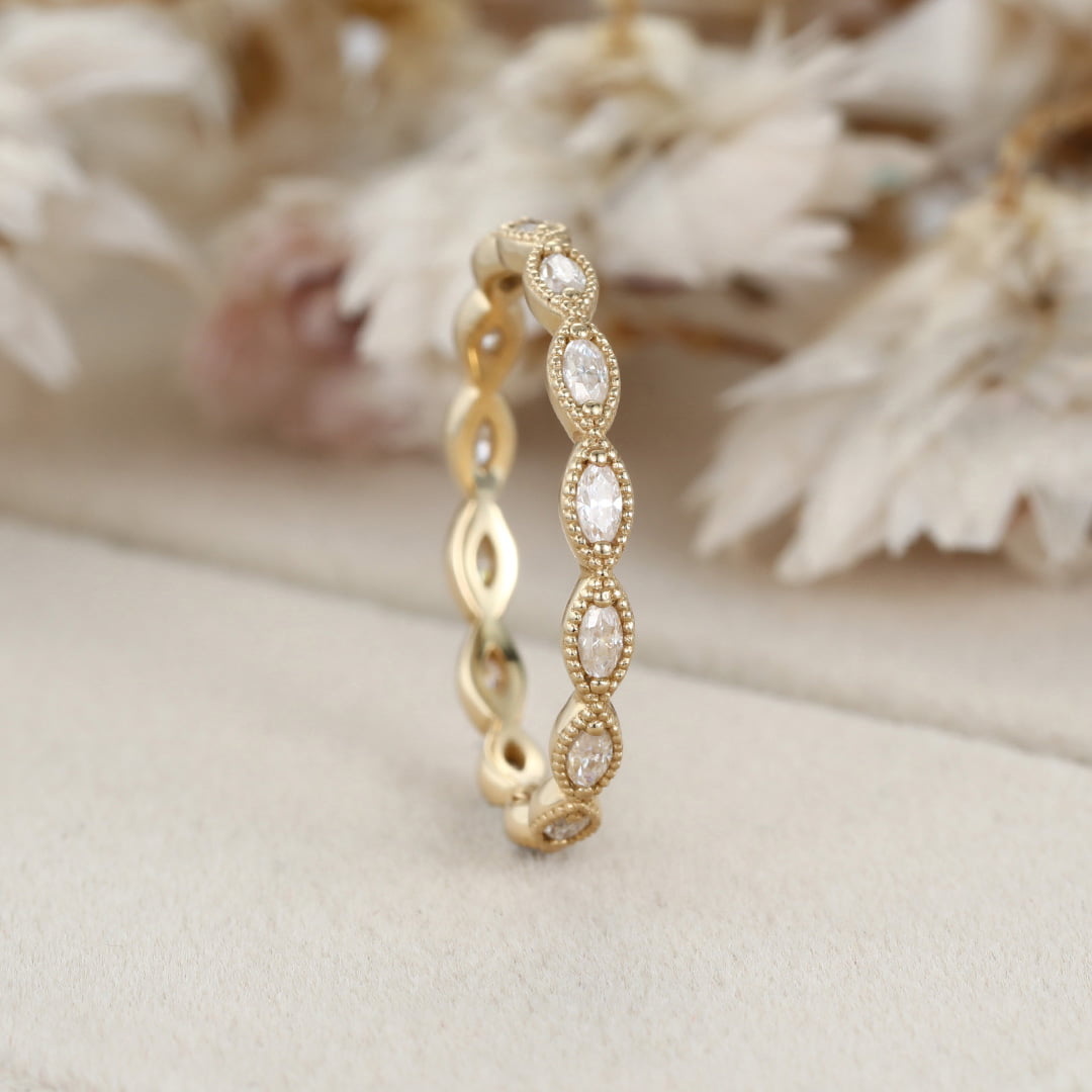 14K Yellow Gold Eternity Matching Stacking Bridal Marquise Moissanite Wedding Band