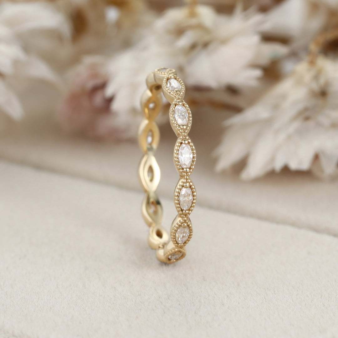 14K Yellow Gold Eternity Matching Stacking Bridal Marquise Moissanite Wedding Band