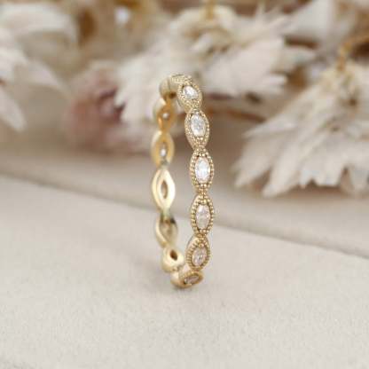 14K Yellow Gold Eternity Matching Stacking Bridal Marquise Moissanite Wedding Band