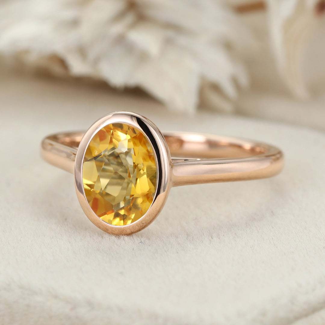 14k Rose Gold Citrine Ring Oval Bezel Set Citrine Ring November Birthstone Dainty Gemstone Ring Stackable Ring Delicate Gold Ring