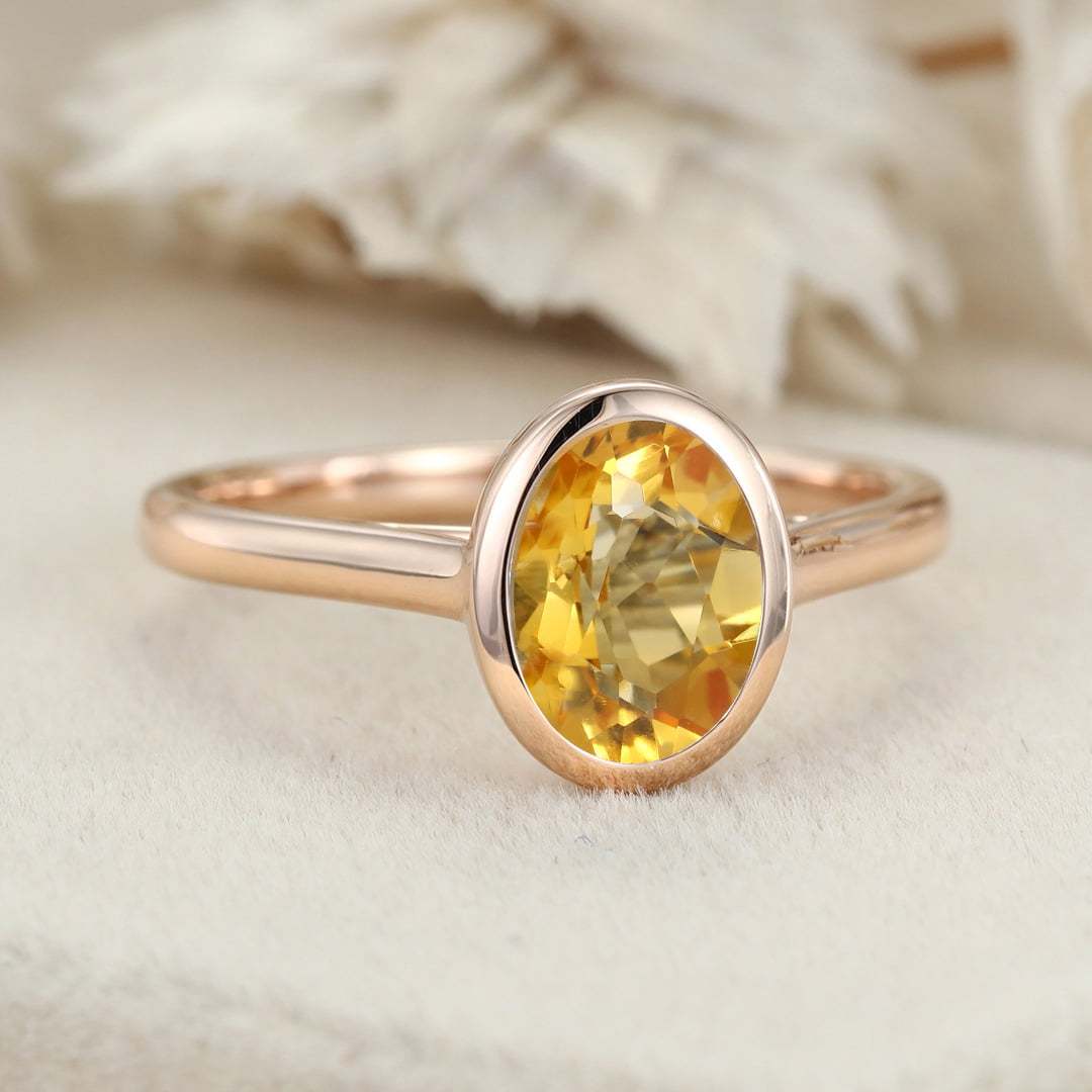 14k Rose Gold Citrine Ring Oval Bezel Set Citrine Ring November Birthstone Dainty Gemstone Ring Stackable Ring Delicate Gold Ring