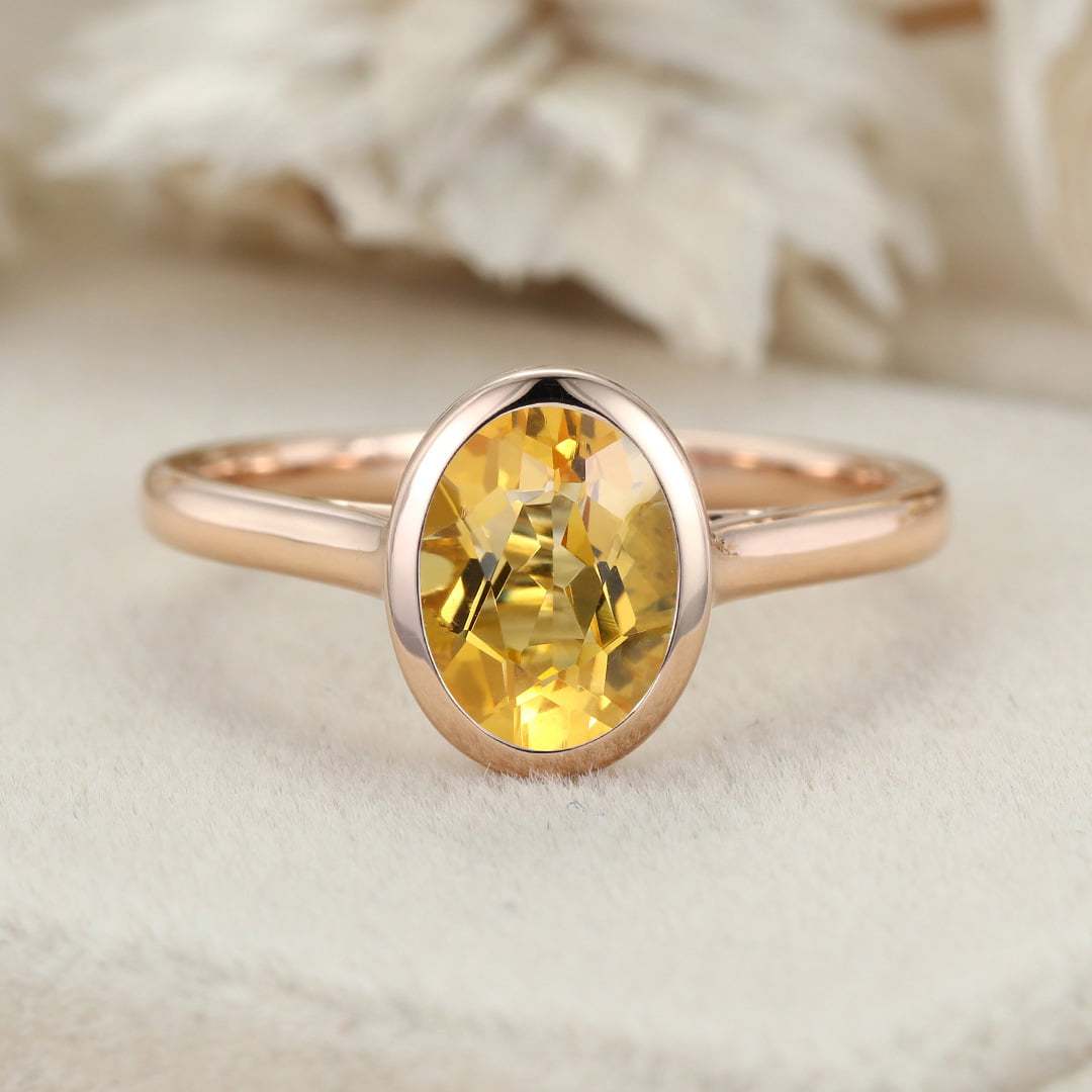 14k Rose Gold Citrine Ring Oval Bezel Set Citrine Ring November Birthstone Dainty Gemstone Ring Stackable Ring Delicate Gold Ring