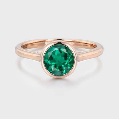 14k Rose Gold Emerald Ring Emerald Engagement Ring Round Cut Engagement Ring Emerald Solitaire Ring Green Emerald Bezel Ring
