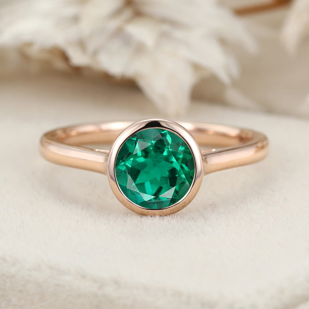 14k Rose Gold Emerald Ring Emerald Engagement Ring Round Cut Engagement Ring Emerald Solitaire Ring Green Emerald Bezel Ring
