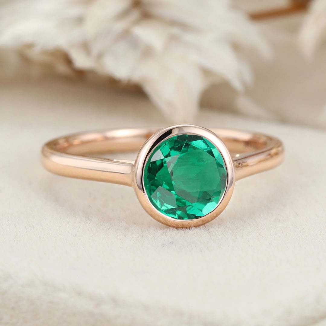 14k Rose Gold Emerald Ring Emerald Engagement Ring Round Cut Engagement Ring Emerald Solitaire Ring Green Emerald Bezel Ring