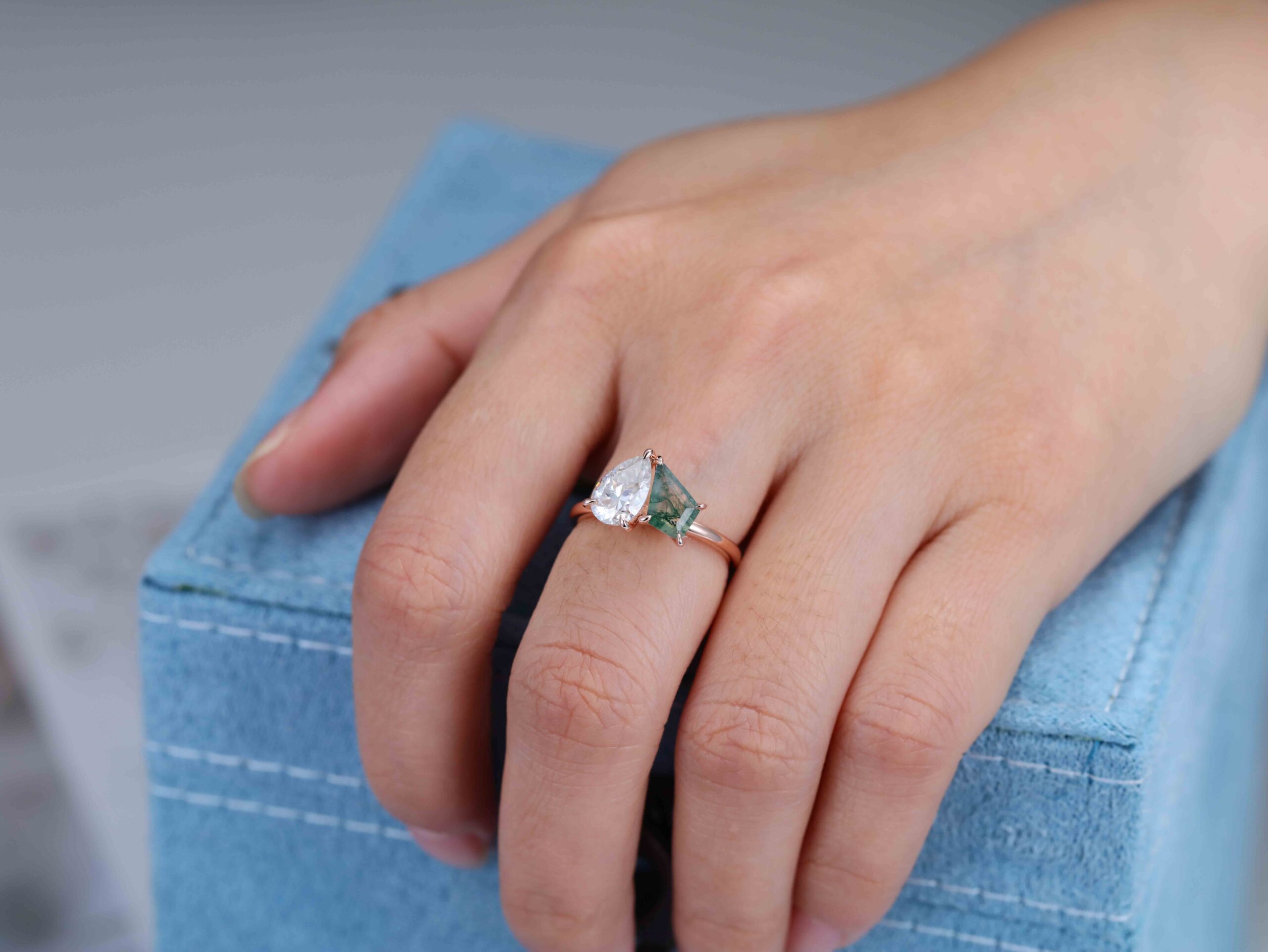 14k Solid Gold Toi Et Moi Engagement Ring Pear Cut Moissanite & Kite Cut Moss Agate Two Stone Ring Anniversary Ring For Wife