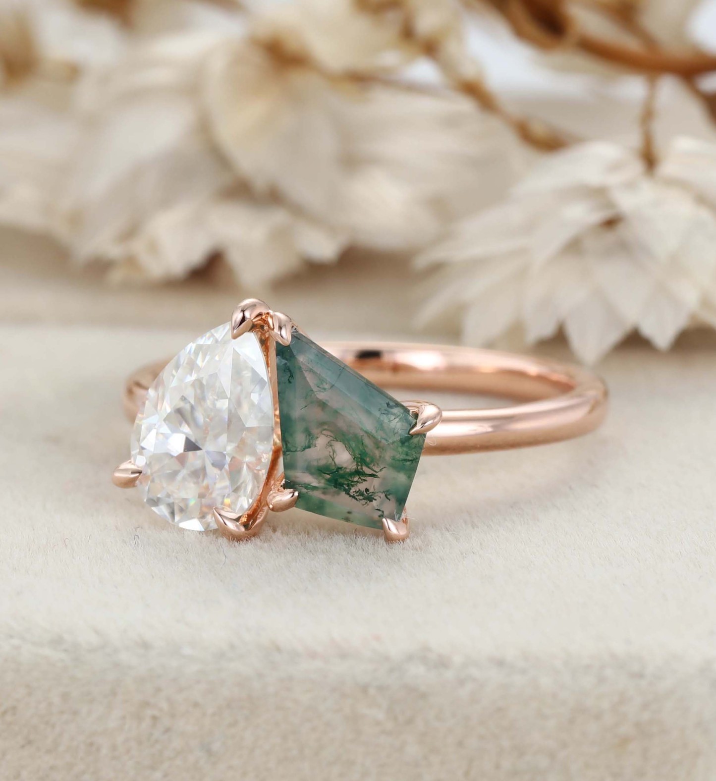 14k Solid Gold Toi Et Moi Engagement Ring Pear Cut Moissanite & Kite Cut Moss Agate Two Stone Ring Anniversary Ring For Wife