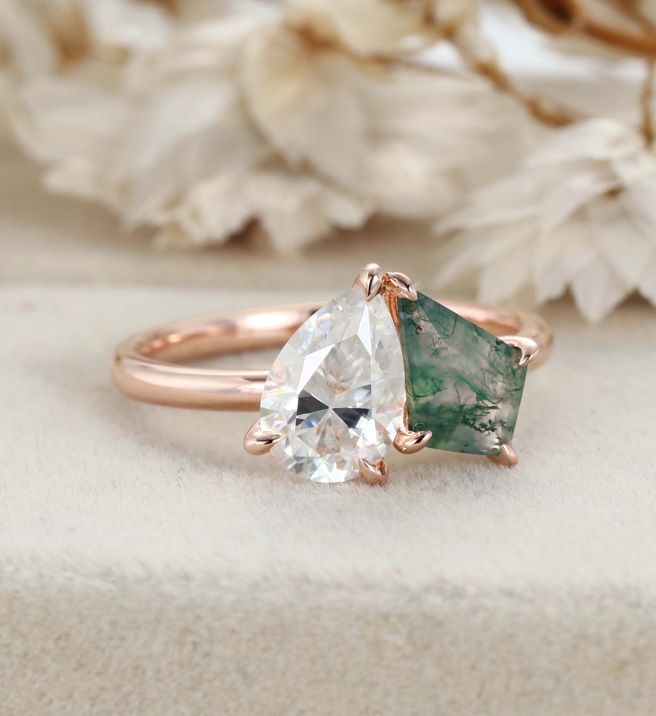 14k Solid Gold Toi Et Moi Engagement Ring Pear Cut Moissanite & Kite Cut Moss Agate Two Stone Ring Anniversary Ring For Wife