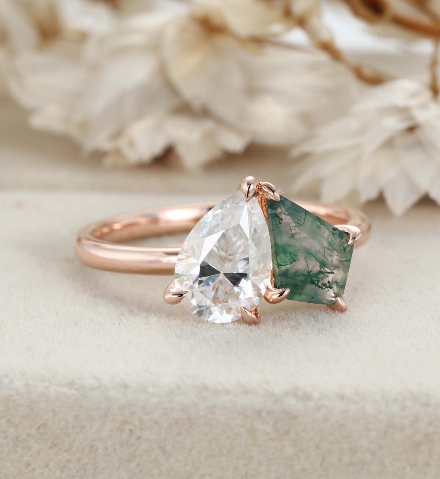 14k Solid Gold Toi Et Moi Engagement Ring Pear Cut Moissanite & Kite Cut Moss Agate Two Stone Ring Anniversary Ring For Wife
