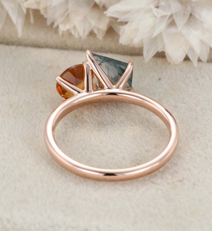 14k Solid Gold Toi Et Moi Engagement Ring Round Cut Citrine & Kite Cut Moss Agate Two Stone Ring Anniversary Ring For Wife