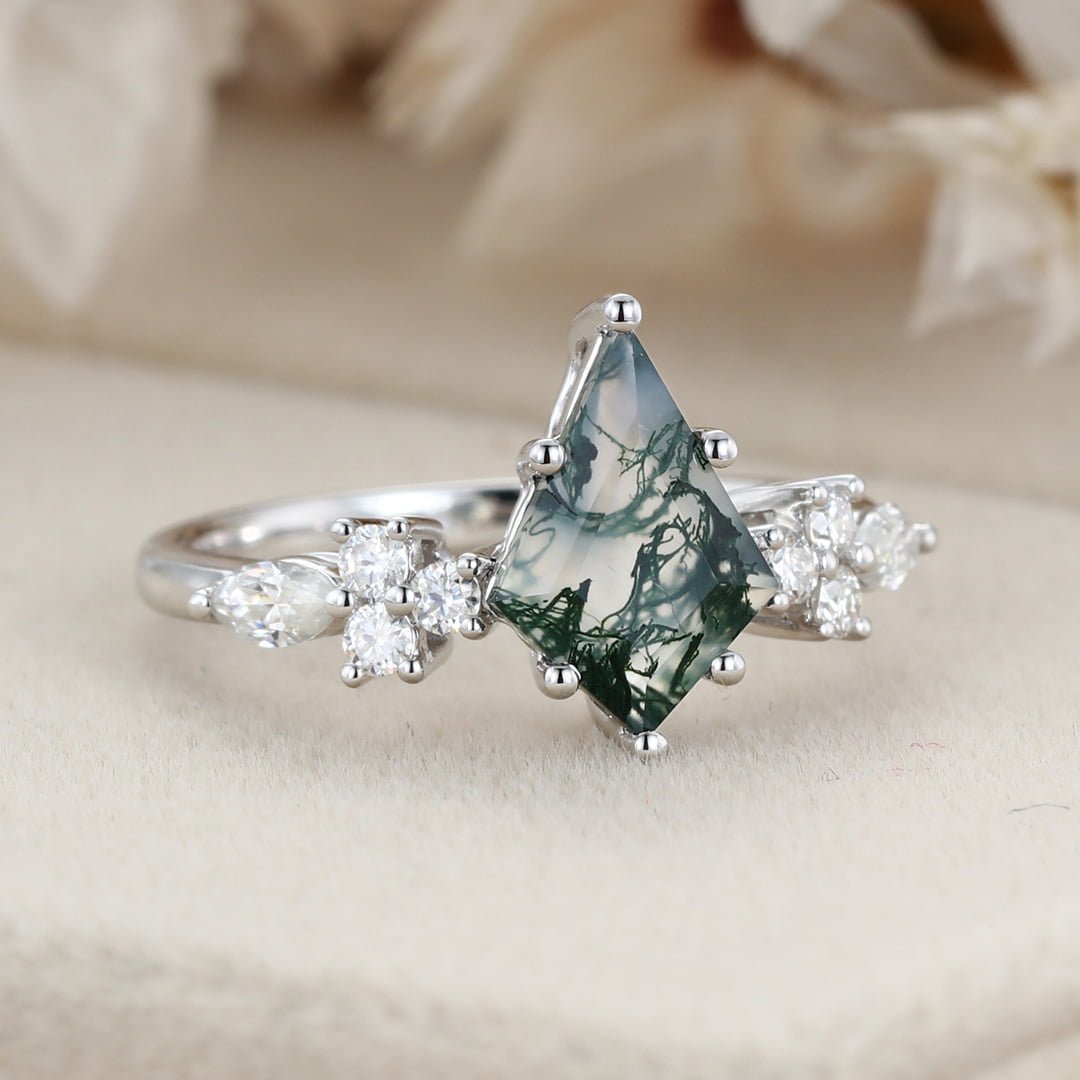 14k White gold Vintage kite cut Moss Agaet engagement ring marquise cut diamond ring for women unique bridal wedding Anniversary gifts ring