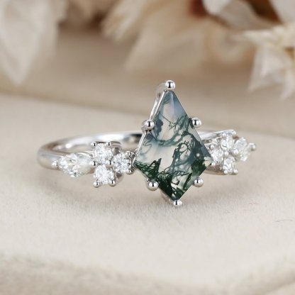 14k White gold Vintage kite cut Moss Agaet engagement ring marquise cut diamond ring for women unique bridal wedding Anniversary gifts ring