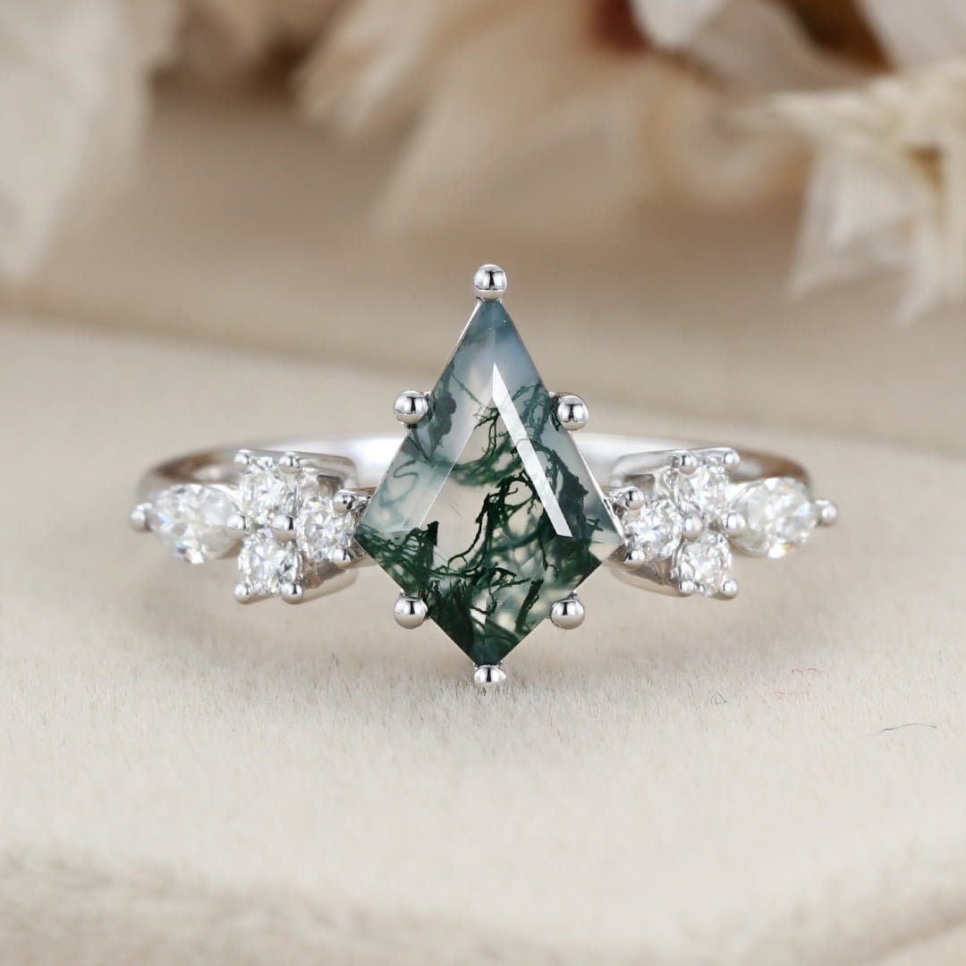 14k White gold Vintage kite cut Moss Agaet engagement ring marquise cut diamond ring for women unique bridal wedding Anniversary gifts ring