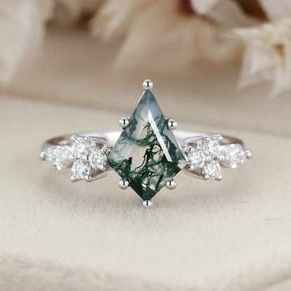 14k White gold Vintage kite cut Moss Agaet engagement ring marquise cut diamond ring for women unique bridal wedding Anniversary gifts ring