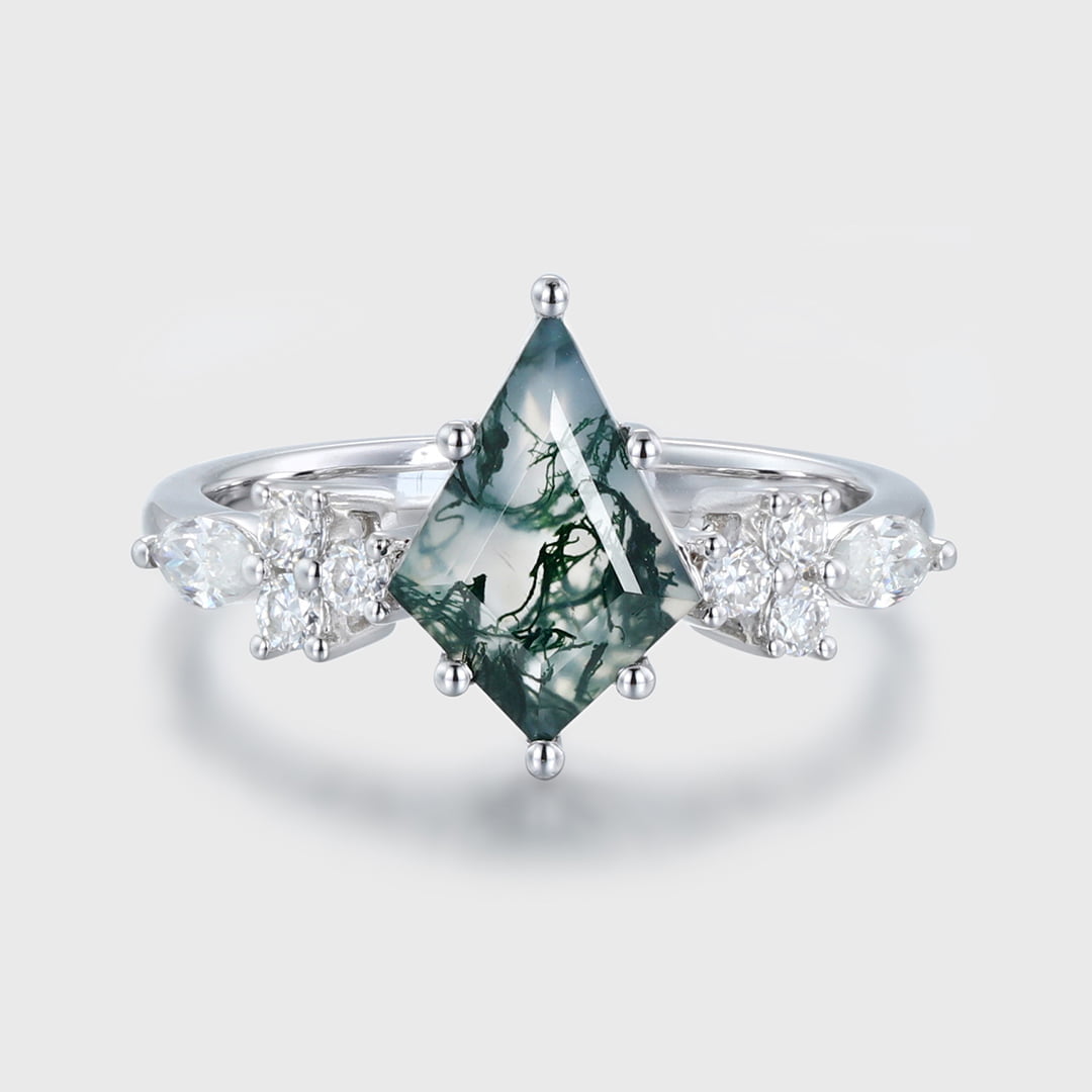 14k White gold Vintage kite cut Moss Agaet engagement ring marquise cut diamond ring for women unique bridal wedding Anniversary gifts ring