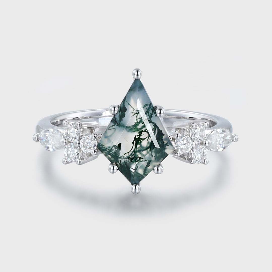 14k White gold Vintage kite cut Moss Agaet engagement ring marquise cut diamond ring for women unique bridal wedding Anniversary gifts ring