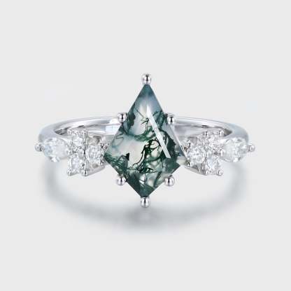 14k White gold Vintage kite cut Moss Agaet engagement ring marquise cut diamond ring for women unique bridal wedding Anniversary gifts ring