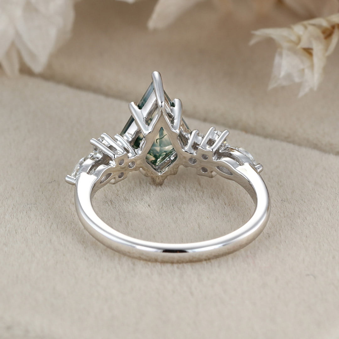 14k White gold Vintage kite cut Moss Agaet engagement ring marquise cut diamond ring for women unique bridal wedding Anniversary gifts ring