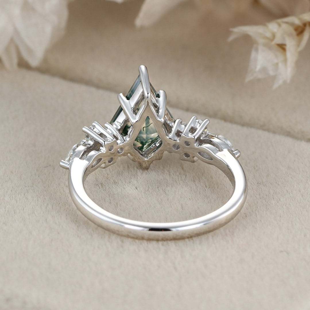 14k White gold Vintage kite cut Moss Agaet engagement ring marquise cut diamond ring for women unique bridal wedding Anniversary gifts ring