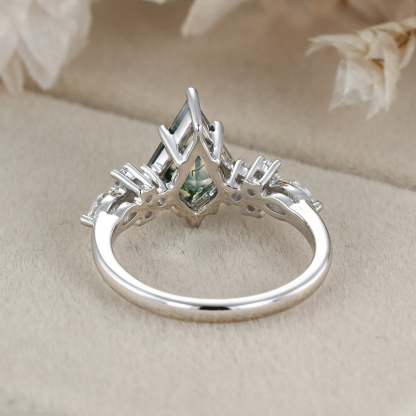 14k White gold Vintage kite cut Moss Agaet engagement ring marquise cut diamond ring for women unique bridal wedding Anniversary gifts ring