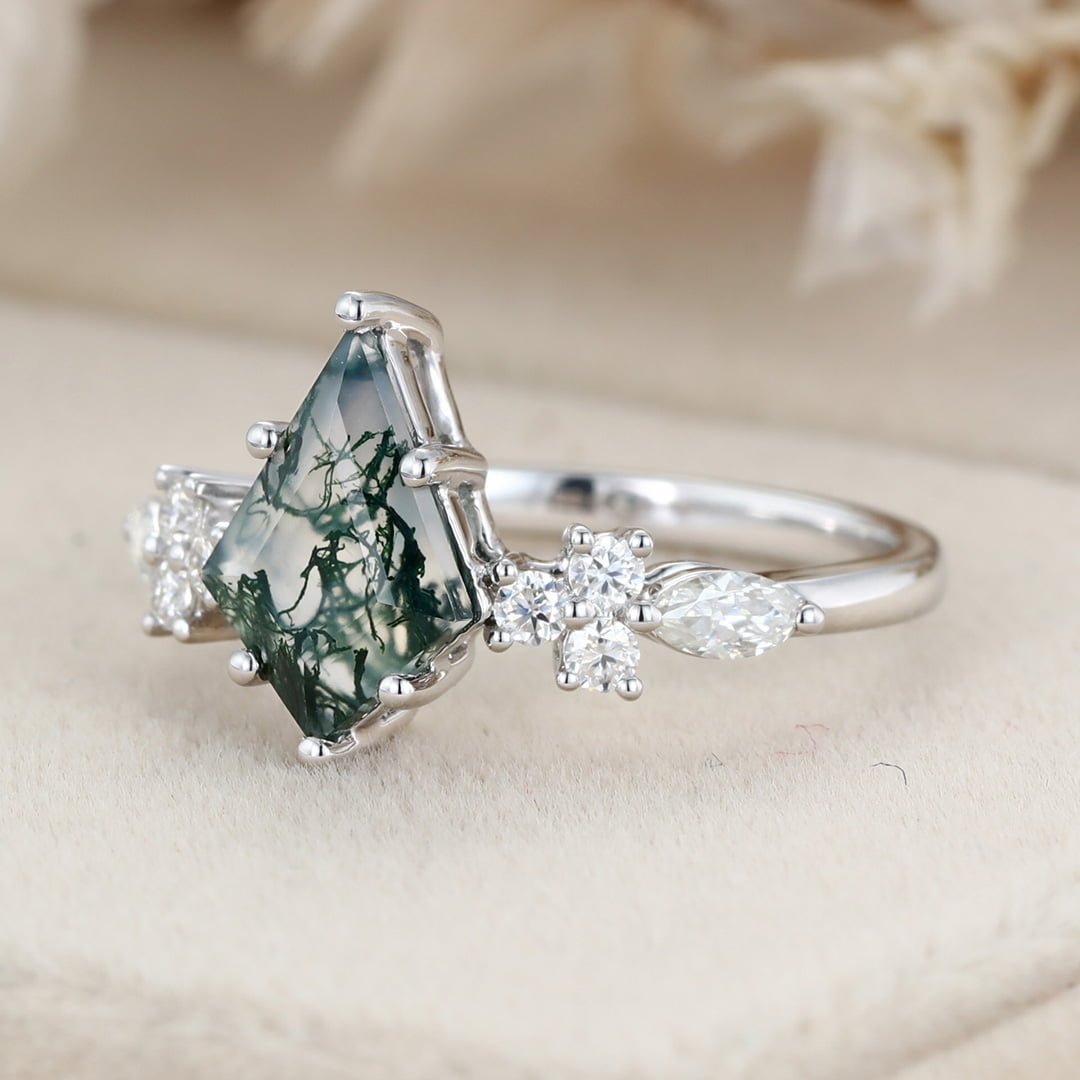 14k White gold Vintage kite cut Moss Agaet engagement ring marquise cut diamond ring for women unique bridal wedding Anniversary gifts ring