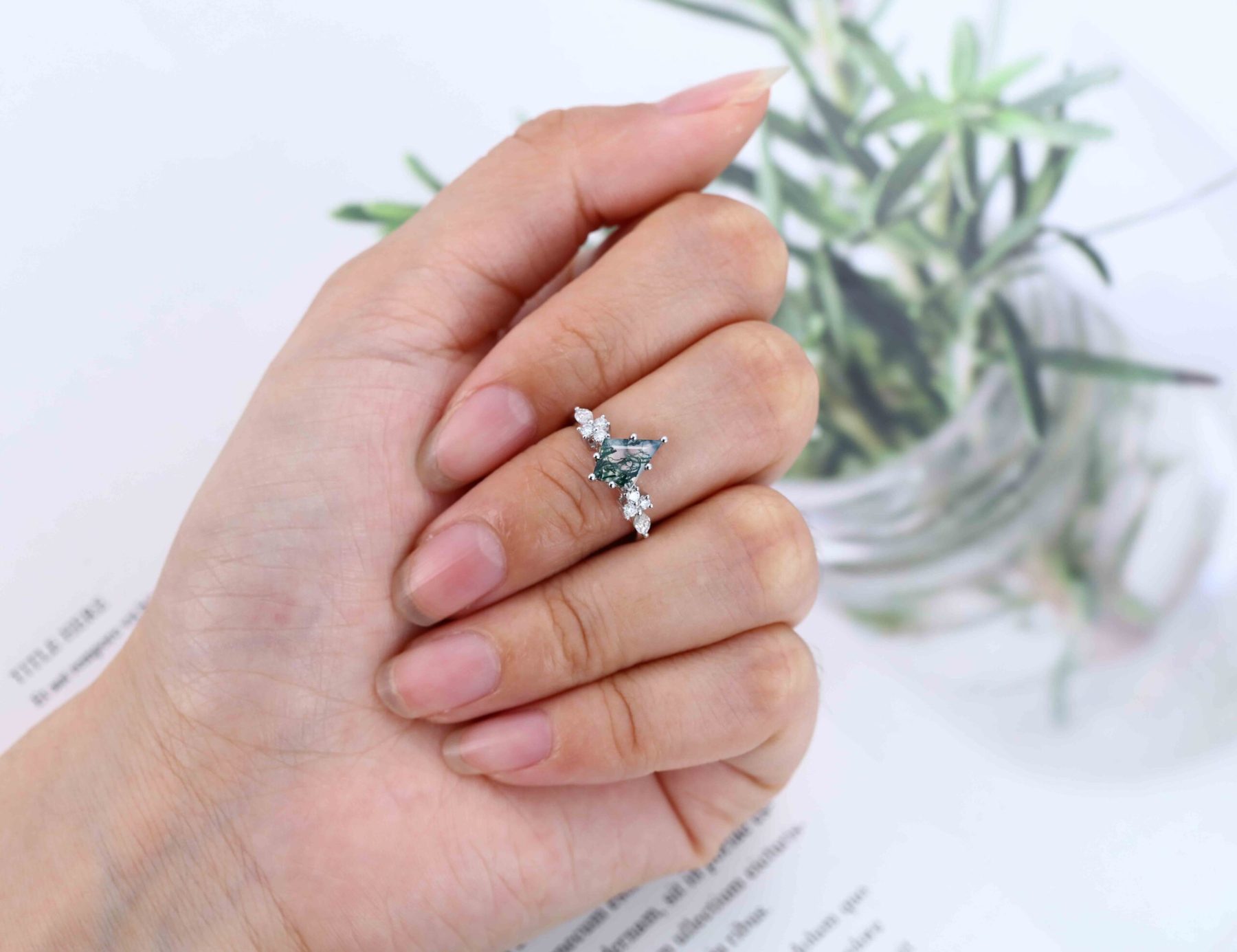 14k White gold Vintage kite cut Moss Agaet engagement ring marquise cut diamond ring for women unique bridal wedding Anniversary gifts ring