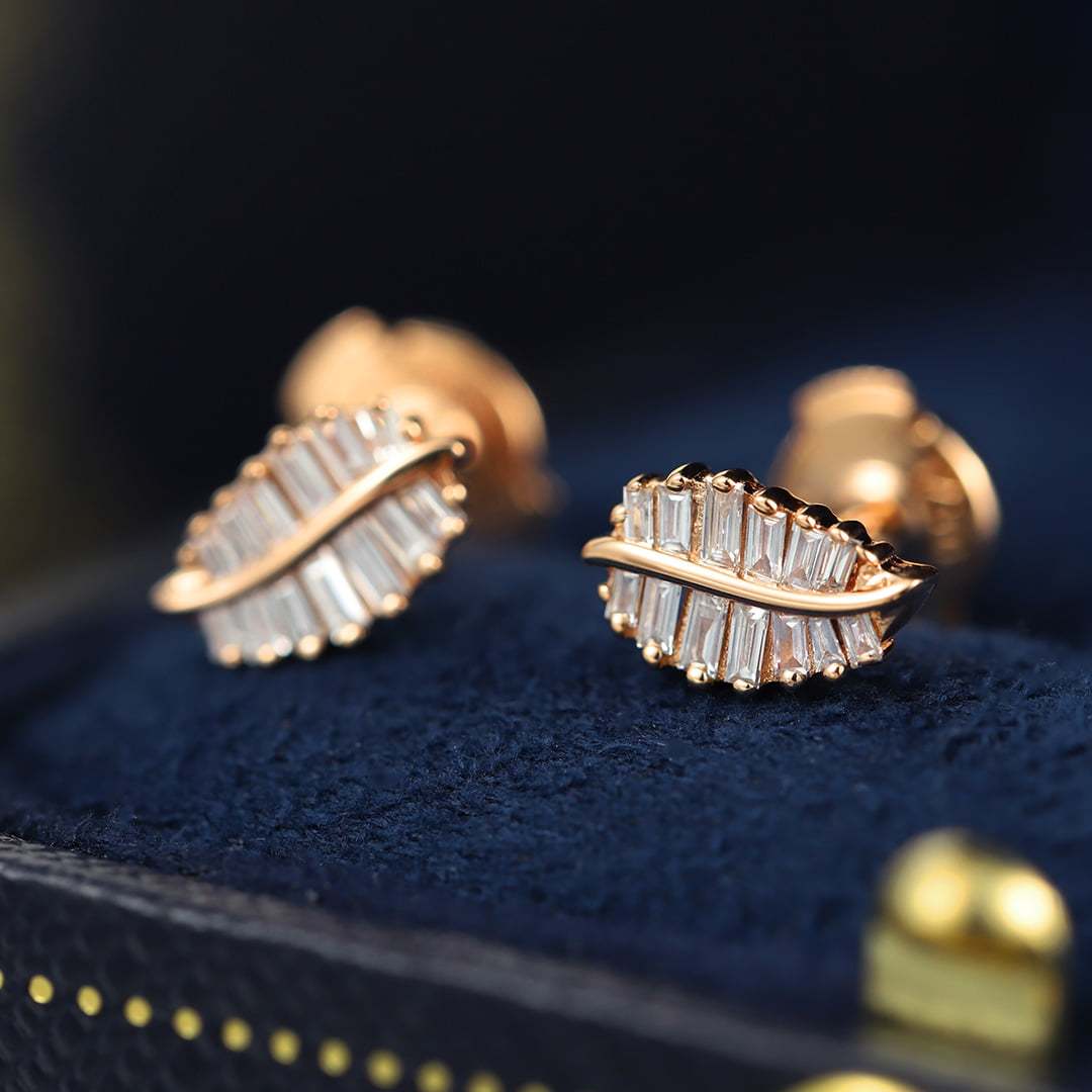 18K Rose Gold Diamond Leaf Earrings Dainty Diamond Studs Natural Diamond Leaf Earrings