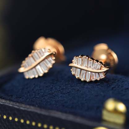 18K Rose Gold Diamond Leaf Earrings Dainty Diamond Studs Natural Diamond Leaf Earrings