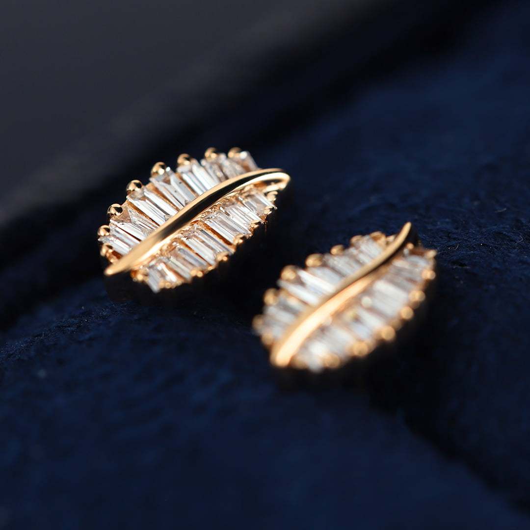 18K Rose Gold Diamond Leaf Earrings Dainty Diamond Studs Natural Diamond Leaf Earrings
