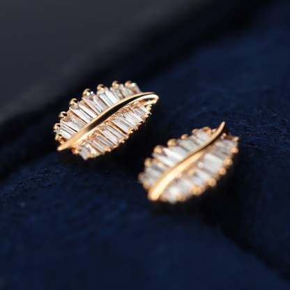 18K Rose Gold Diamond Leaf Earrings Dainty Diamond Studs Natural Diamond Leaf Earrings