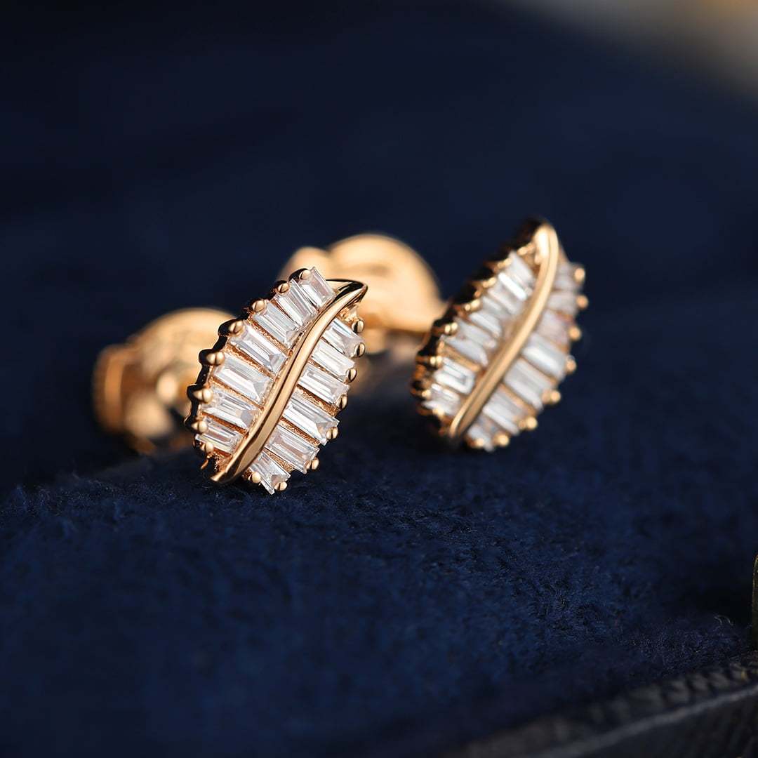 18K Rose Gold Diamond Leaf Earrings Dainty Diamond Studs Natural Diamond Leaf Earrings