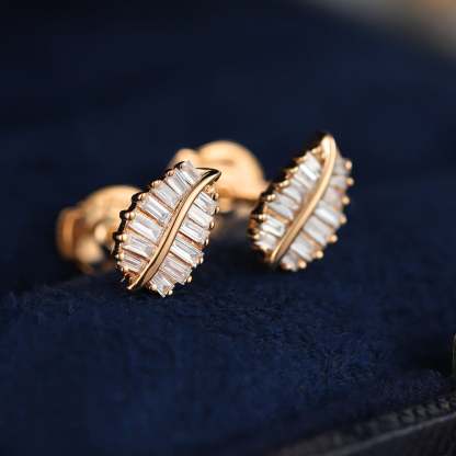 18K Rose Gold Diamond Leaf Earrings Dainty Diamond Studs Natural Diamond Leaf Earrings