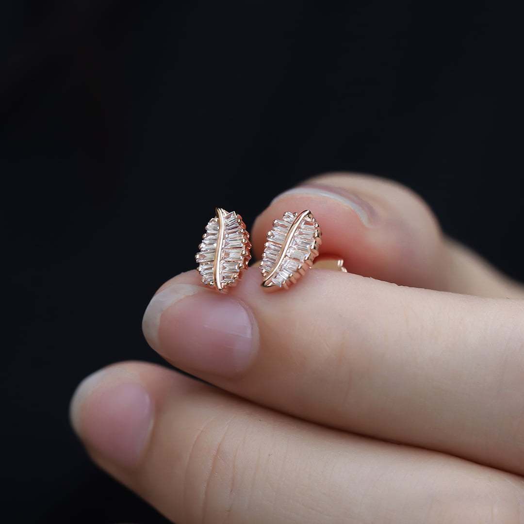 18K Rose Gold Diamond Leaf Earrings Dainty Diamond Studs Natural Diamond Leaf Earrings