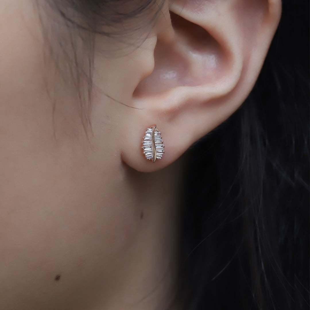 18K Rose Gold Diamond Leaf Earrings Dainty Diamond Studs Natural Diamond Leaf Earrings