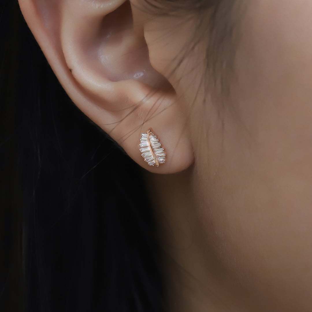 18K Rose Gold Diamond Leaf Earrings Dainty Diamond Studs Natural Diamond Leaf Earrings