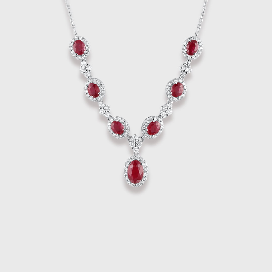 18K White gold Ruby Necklace V-shaped necklace 2.65ct Oval ruby necklace Diamond necklace