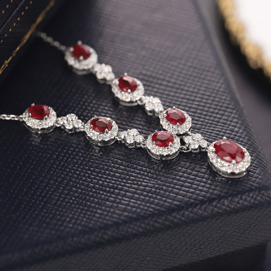 18K White gold Ruby Necklace V-shaped necklace 2.65ct Oval ruby necklace Diamond necklace