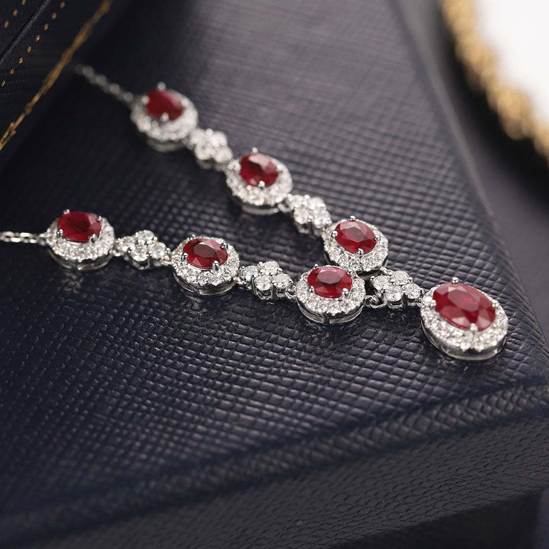 18K White gold Ruby Necklace V-shaped necklace 2.65ct Oval ruby necklace Diamond necklace