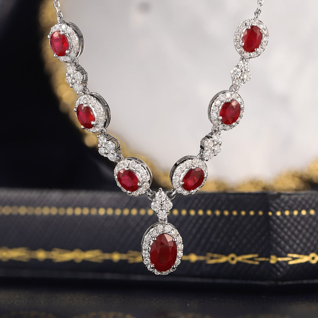 18K White gold Ruby Necklace V-shaped necklace 2.65ct Oval ruby necklace Diamond necklace