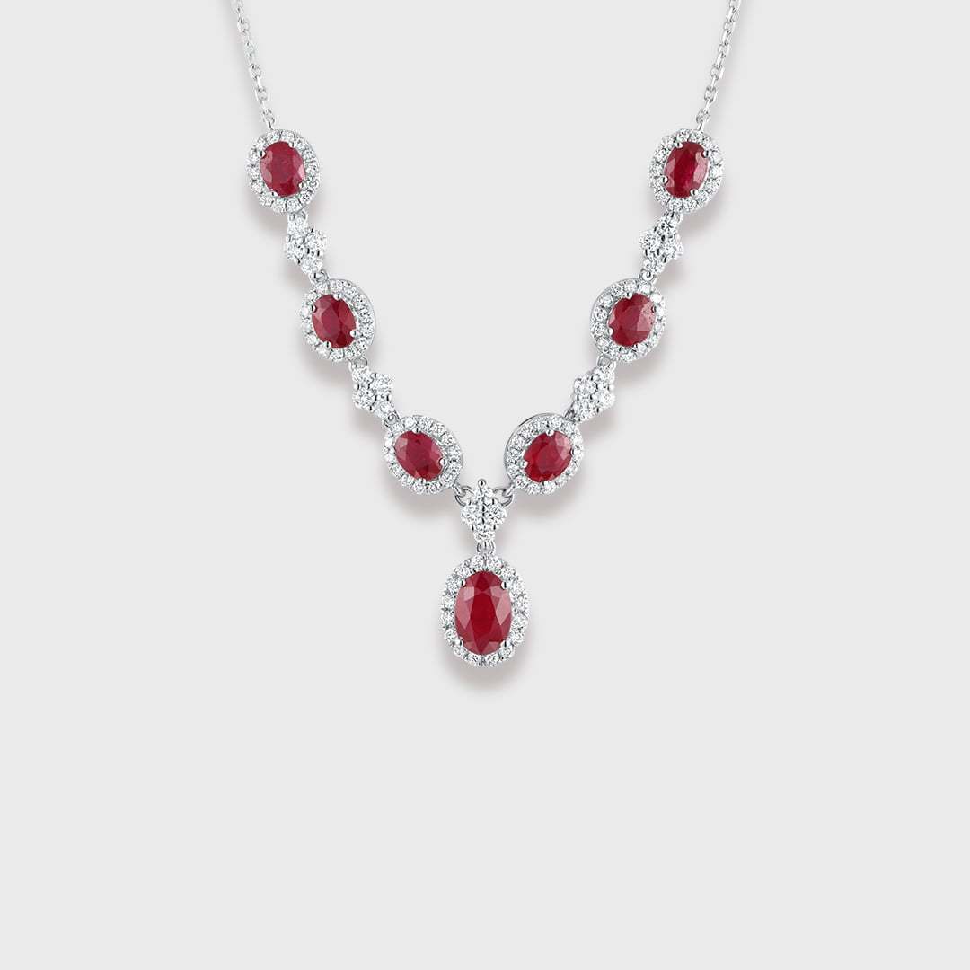 18K White gold Ruby Necklace V-shaped necklace 2.65ct Oval ruby necklace Diamond necklace