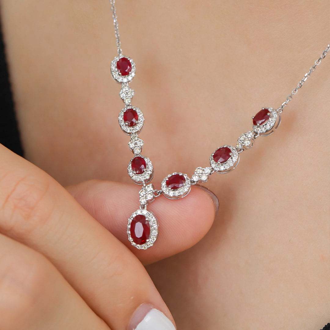 18K White gold Ruby Necklace V-shaped necklace 2.65ct Oval ruby necklace Diamond necklace