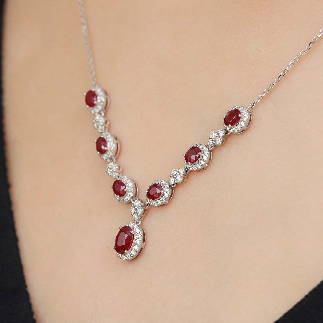 18K White gold Ruby Necklace V-shaped necklace 2.65ct Oval ruby necklace Diamond necklace