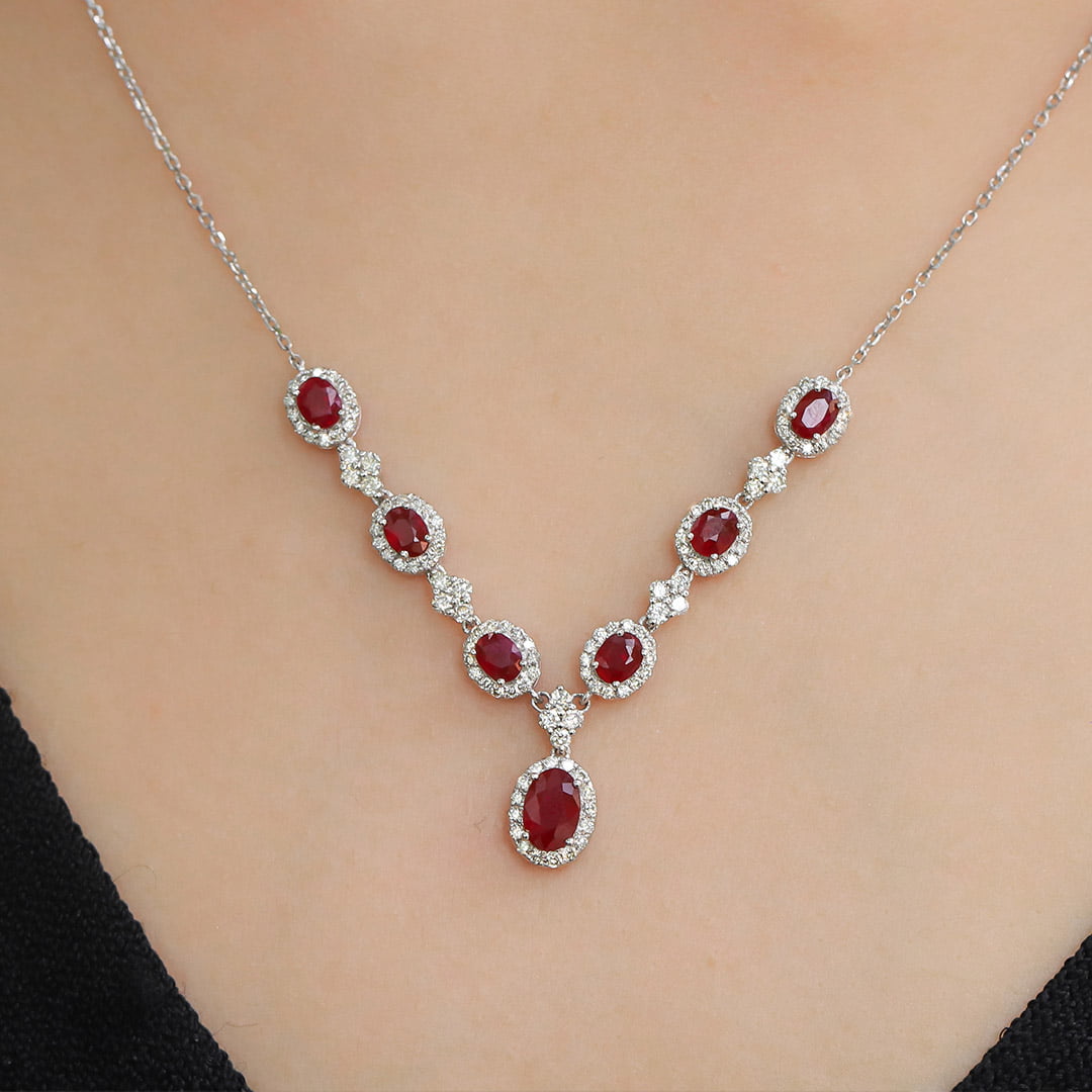 18K White gold Ruby Necklace V-shaped necklace 2.65ct Oval ruby necklace Diamond necklace