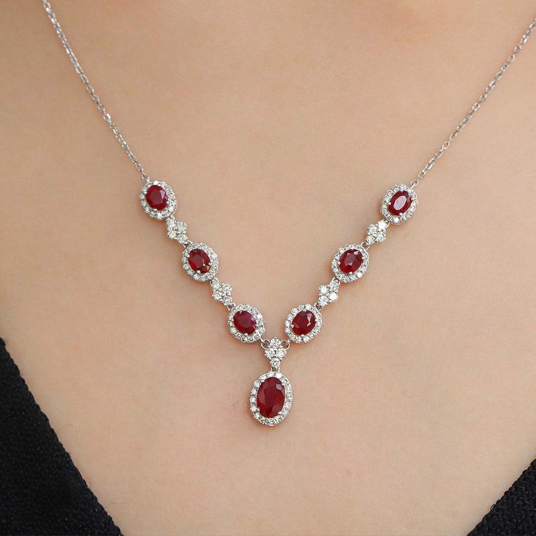 18K White gold Ruby Necklace V-shaped necklace 2.65ct Oval ruby necklace Diamond necklace