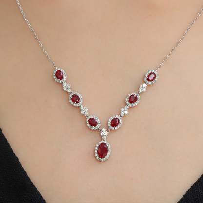 18K White gold Ruby Necklace V-shaped necklace 2.65ct Oval ruby necklace Diamond necklace