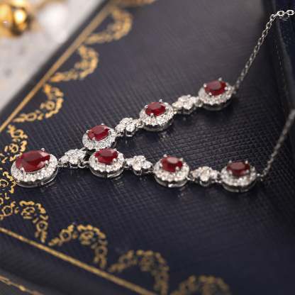 18K White gold Ruby Necklace V-shaped necklace 2.65ct Oval ruby necklace Diamond necklace
